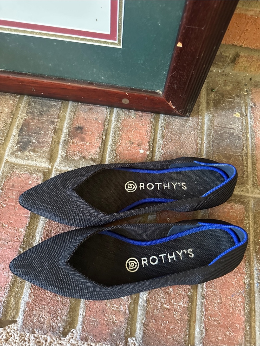 Rothy's Black Pointed Knit Flats with Blue Trim - Picture 2 of 7